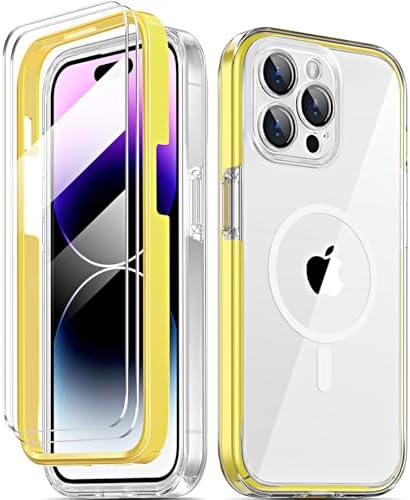 COOLQO Magnetic for iPhone 15 Pro max Case, [6 in 1], 2X[Screen Protector + Camera Lens Protectors][15FT Military Grade Protection] Shockproof Protective Phone Cover, Yellow