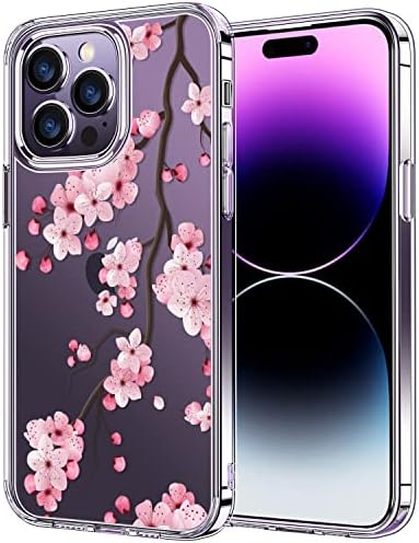 bicol Hybrid for iPhone 14 Pro Max Case Clear Acrylic Phone Cover with Fashion Designs Raised Bezels,Pass 16ft Drop Tested Durable Protective Phone Case for 14 Pro Max 6.7″ Blooming Cherry