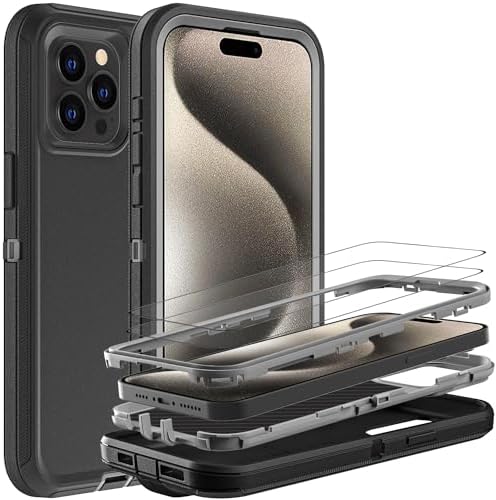 for iphone 15 Pro Max Case, Military Grade 3 in 1 Heavy Duty Shockproof/Drop Proof/Dust Proof Case with 2Pcs Tempered Glass Screen Protector (Black/Grey)