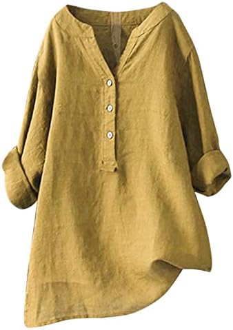 Generic Womens Cotton Linen Shirts Solid 3/4 Sleeve Tunic Tops Oversized Tshirts Casual V Neck Dressy Blouses