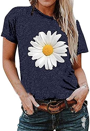 JEGULV Summer Tshirts for Women 2024, Women’s Short Sleeve Blouse Daisy Floral Print Basic Summer Tee Shirts