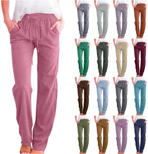 LRMQS Womens Casual Linen Pants 2024 Spring Drawstring Elastic Waist Trousers with Pockets Lounge Fashion Vacation Clothing