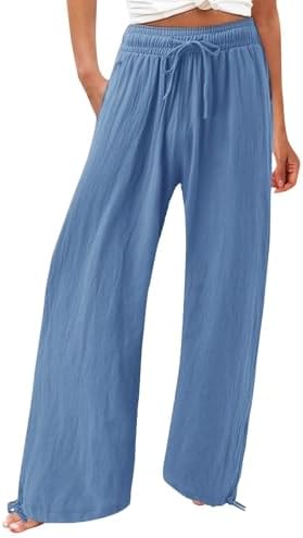 Linen Pants for Women 2024 Wide Leg Trousers Elastic Drawstring High Waist Casual Loose Palazzo Pants with Pocket