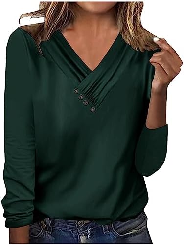 Long Sleeve Shirts for Women Fall Clothes Casual V Neck Buttom Tops Solid Color Shirts 2024