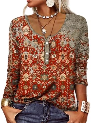 Long Sleeve Tshirt Shirts for Women Vintage Floral Print Button Down Henley Tops Casual Loose Comfy Fall Blouses 2024