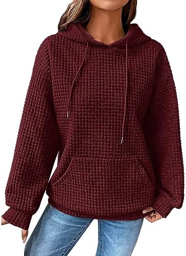 Ogiraw Women Waffle Knit Trendy Hoodies Drawstring Pullover Sweatshirts Casual Pocketed Sweaters Fall Winter Clothes Outfits