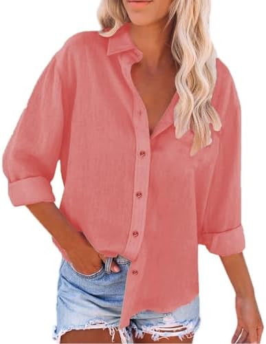 Summer Cotton Linen Shirts for Women Trendy Casual Long Sleeve Button Oversized Tshirts Ladies Work Tops