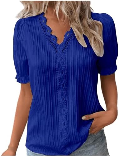 Women Summer Lace V Neck Plain Lace Elegant Shirt Fashion Solid Color Elegant Blouse Short Sleeve Plus Size Scrub Tops