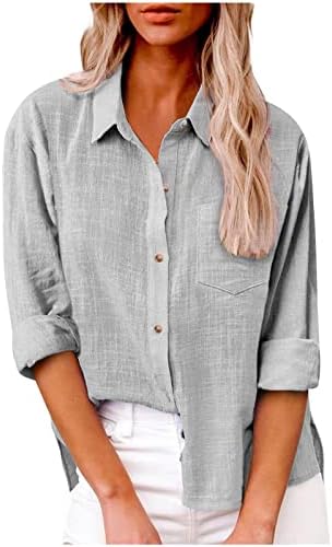 Womens Cotton Linen Button Down Shirt 2024 Fall Casual Long Sleeve Solid Color Shirts Loose Work Tops with Pockets