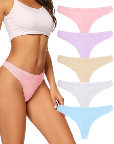 voenxe Seamless Women Underwear Thongs,No Show Ladies Thong,No Line Breathable Comfortable Panties Undies for Women 5-Pack